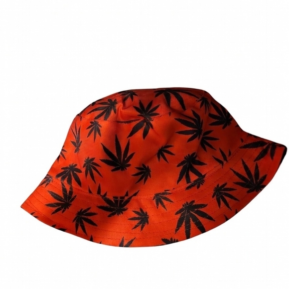 Red Bucket Hat with Black Leaf Print - Picture 3 of 3